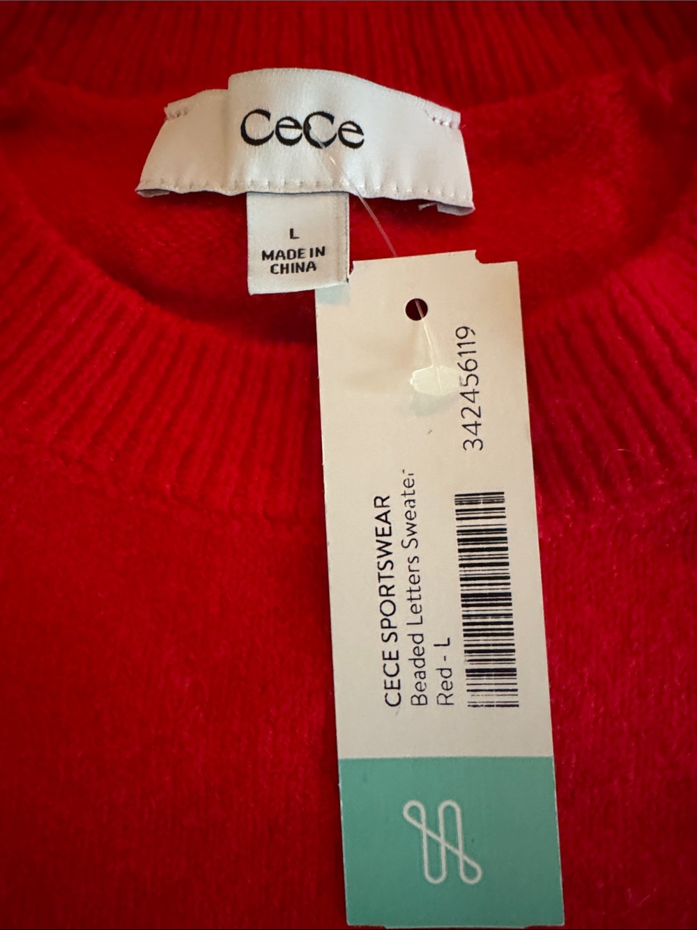 CeCe Red Crewneck Sweater with Rhinestone "Love" Script